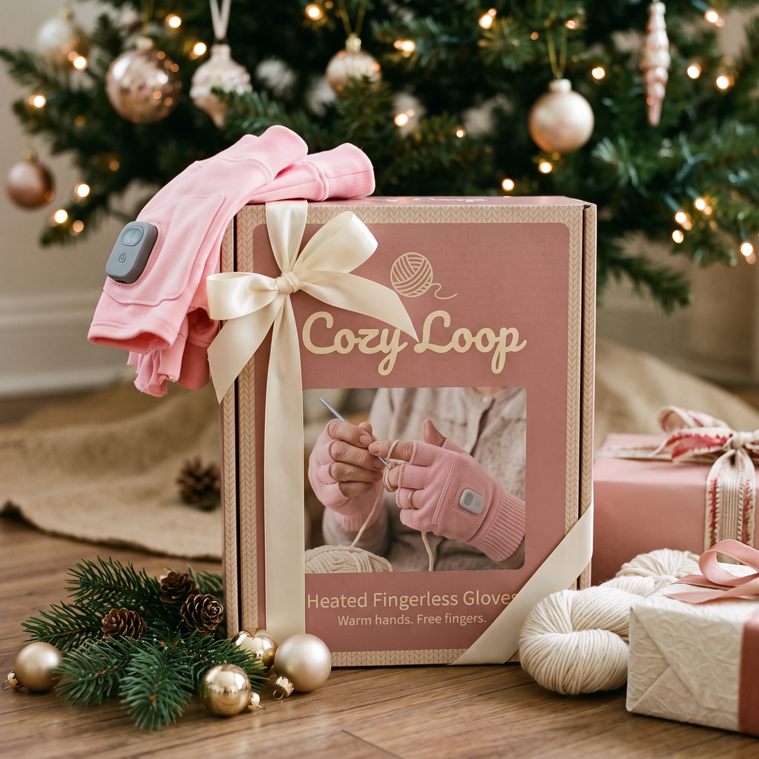Cozy Loop heated gloves gift box under the Christmas tree