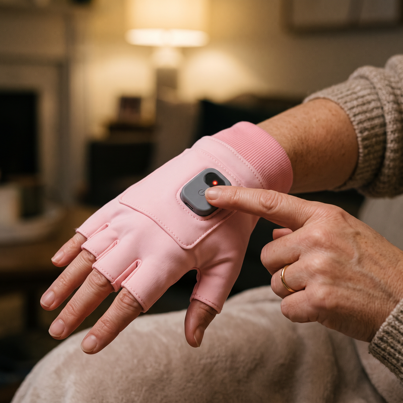 Pressing the one-button heat control on the glove