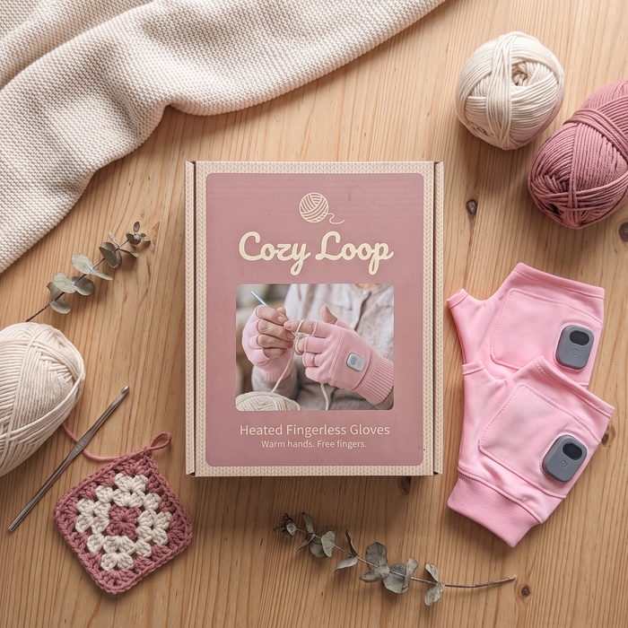 Cozy Loop gift box with heated gloves, yarn and a crochet hook