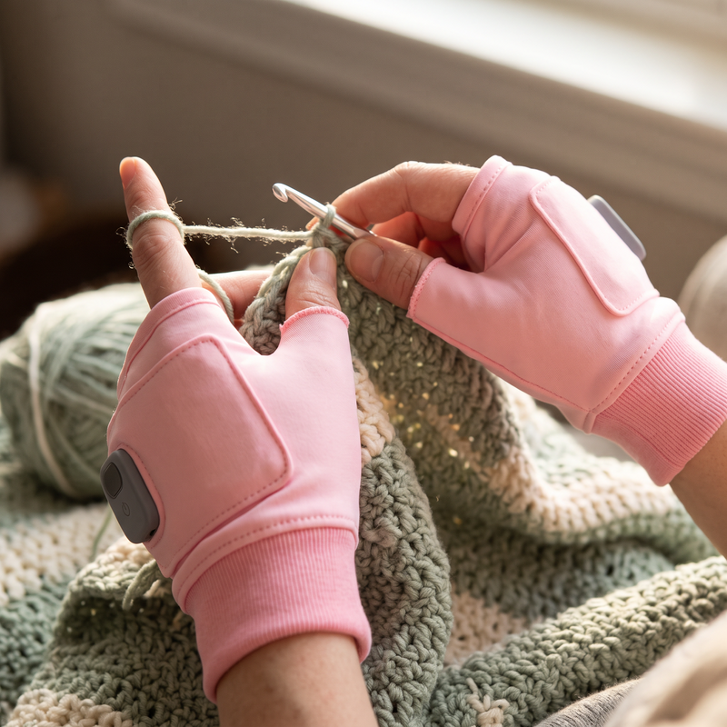 Crocheting a blanket while wearing heated fingerless gloves
